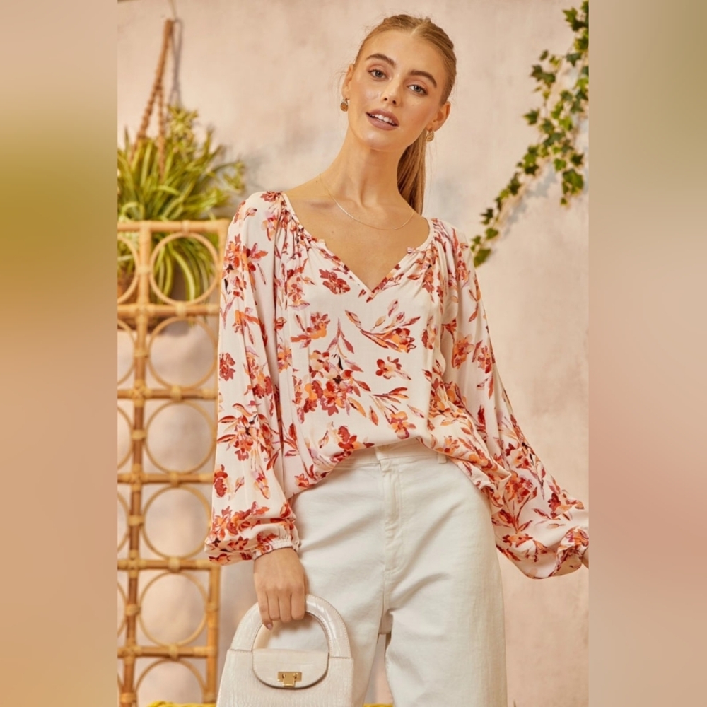 (32) EMILY WONDER Floral V-Neck Blouse - Cream and Red